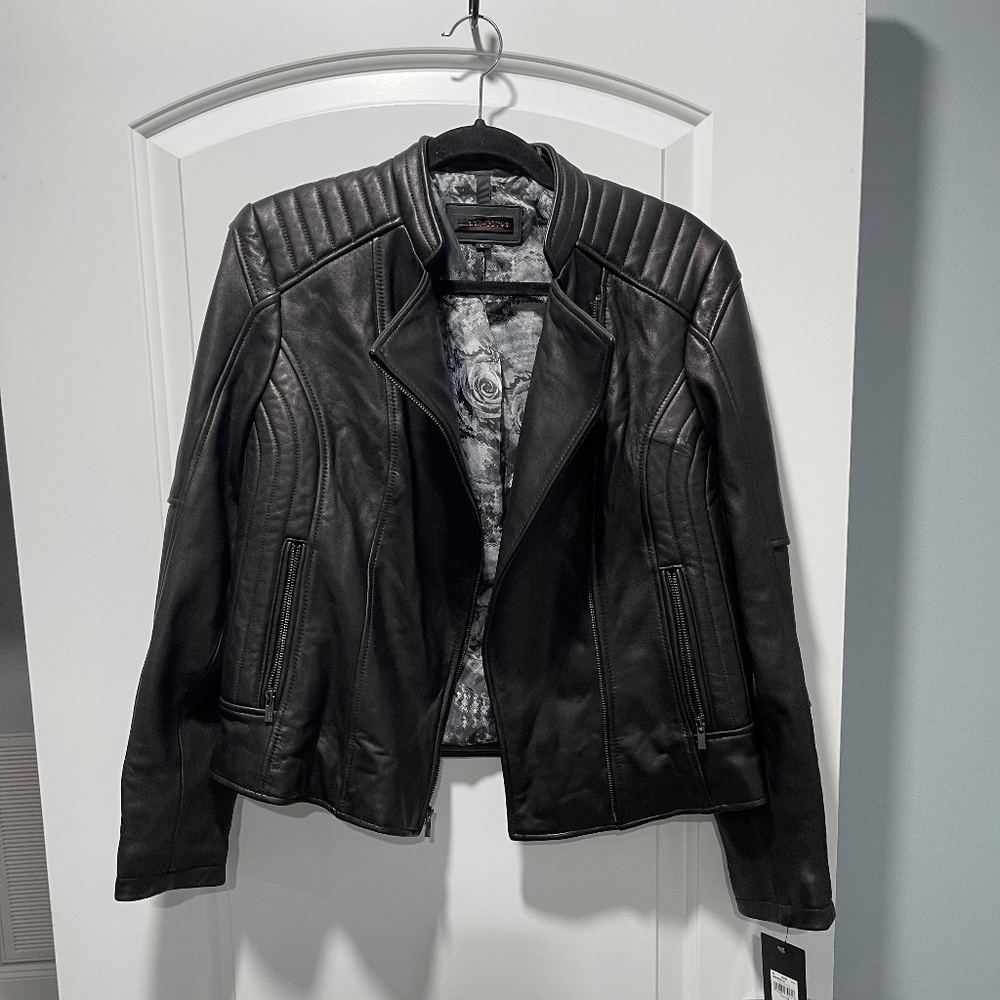 New Black Rivet Leather Jacket with Quilting - Large